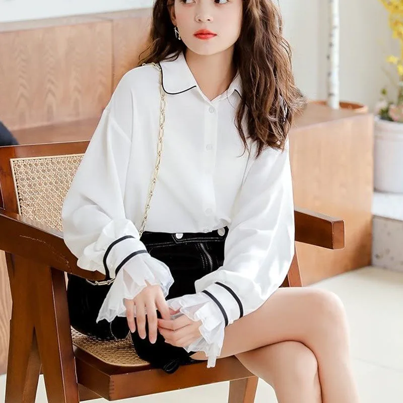 

Women Spring Autumn Style Chiffon Blouses Shirts Lady Casual Long Sleeve Turn-down Collar White Loose Blusas Tops DF3091