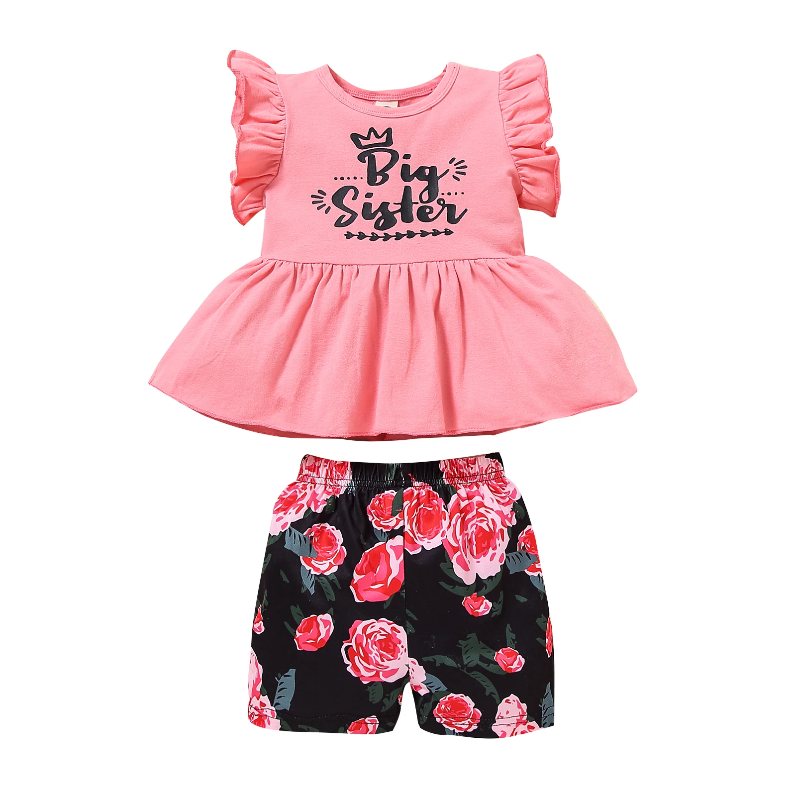 

Повседневный комплект одежды для девочек, розовый топ с круглым вырезом и рукавами-фонариками и черные шорты с цветочным принтом