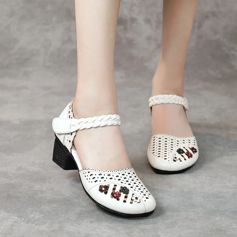 

Block Heels Low Sandals Woman Leather Shoes Large Size 2021 Summer Suit Female Beige Chunky Low-heeled Big Retro High Comfort Ne