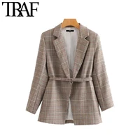 traf women vintage stylish office wear plaid blazer coat fashion long sleeve with belt female outerwear chic tops