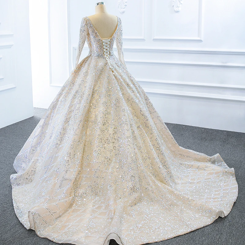 J67157 JANCEMBER Champagne Wedding Dress 2020 O Neck Long Sleeve Chest Strap Perspective Sequined vestidos de novia платья 2020