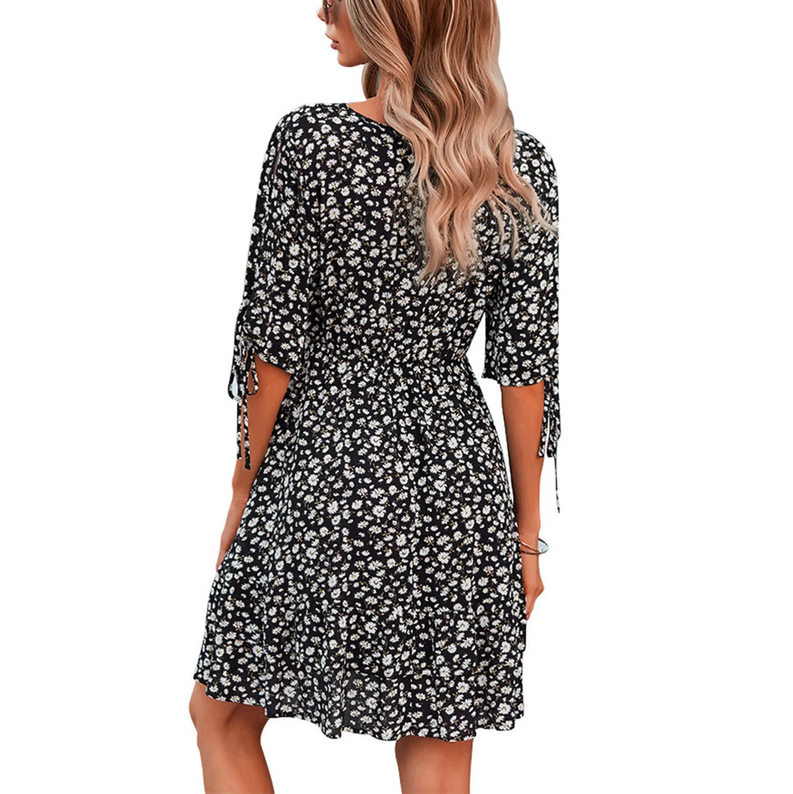 

Elegant Floral Print Summer Dresses Hollow Out Sleeve V-neck Mini Dress Casual A-line Ladies Sundresses Vestido De Mujer