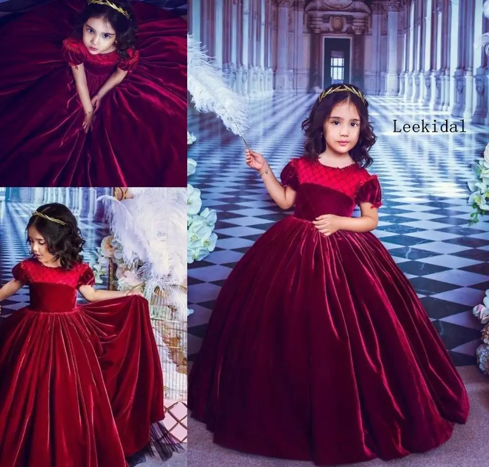 Красное бархатное бальное платье с бусинами Платья цветочным узором для девочек