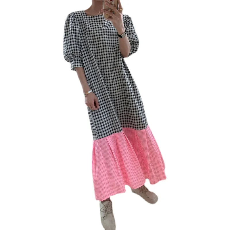 

Korean Style Summer Women Fashion Vintage Plaid Patchwork High Street A-line Dress Casual Loose O-neck Short Sleeve Long Dress