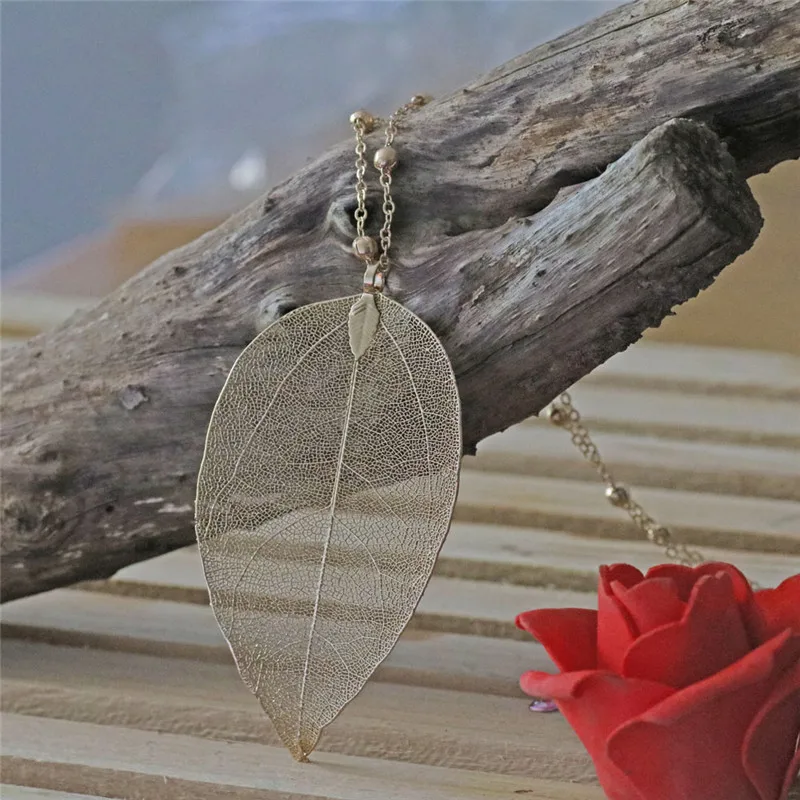 Real Leaf Pendant Necklace Gold Long Chain Charm Rustic Wedding Jewelry Statement Bridesmaid Gift | Украшения и аксессуары