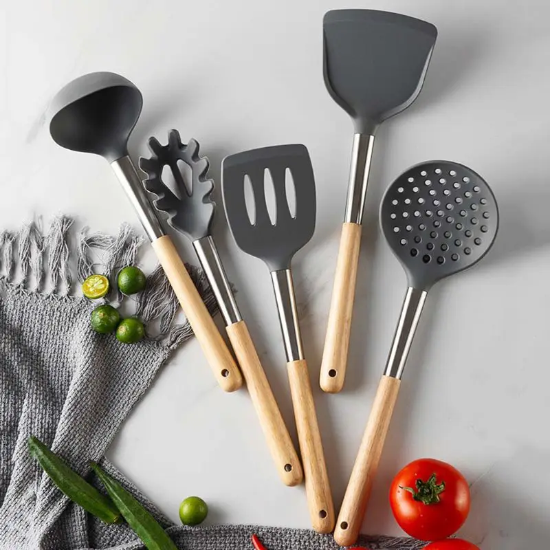 

6pcs Silicone Kitchen Utensils Set with Stainless Steel Wooden Handle Spatula