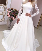 new elegant wedding dress 2021 a line o neck long sleeve lace appliques backless satin sweep train bride gown vestidos de noiva