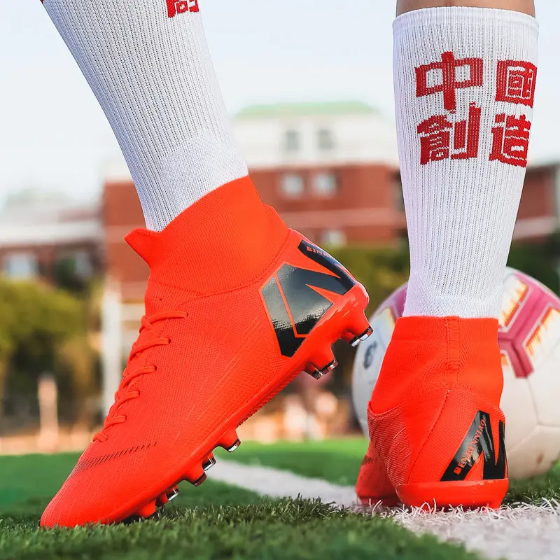 Fashion Orange Men High top Football Boots Soccer Cleats Ultralight Turf Shoes Spikes Outdoor Futsal Sneakers Men Size 35-44