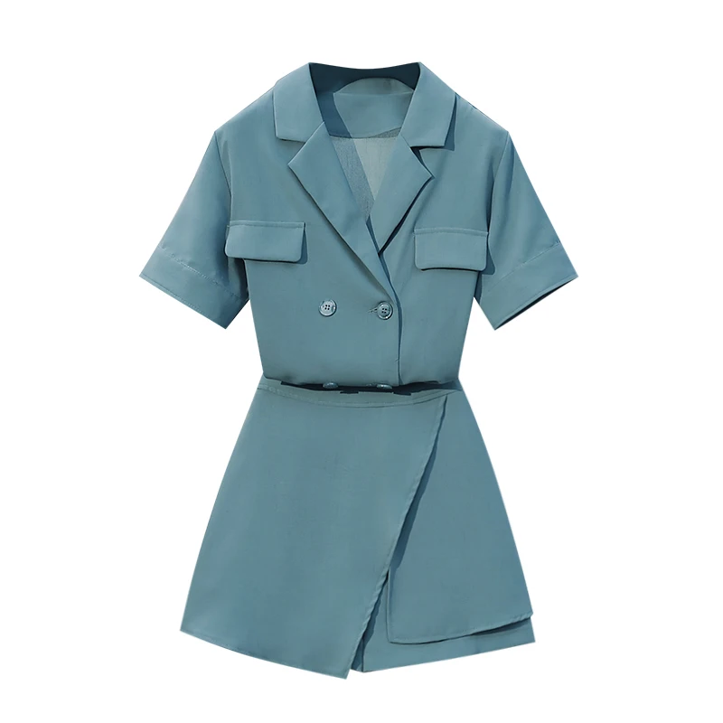 

Plus size office ladies solid elegant 2 piece set for women short sleeve double breasted notched top and shorts skirts suits