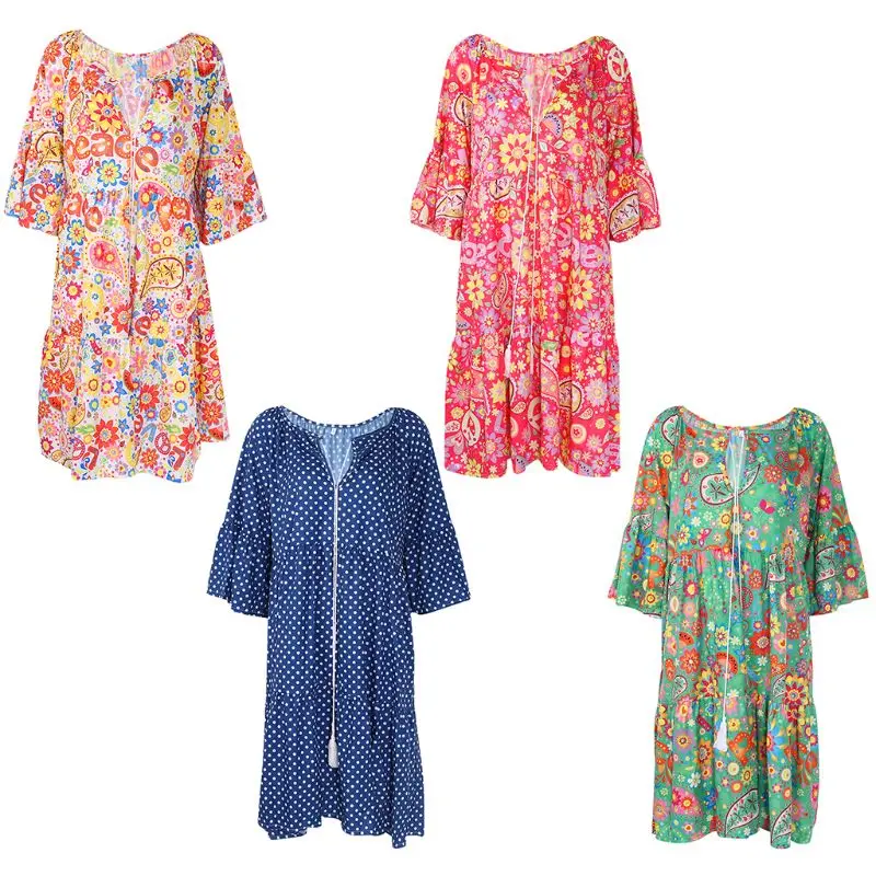 

Women Boho Summer Floral Long Sleeve Holiday Beach Shirt Dress Mini Dress Plus Size