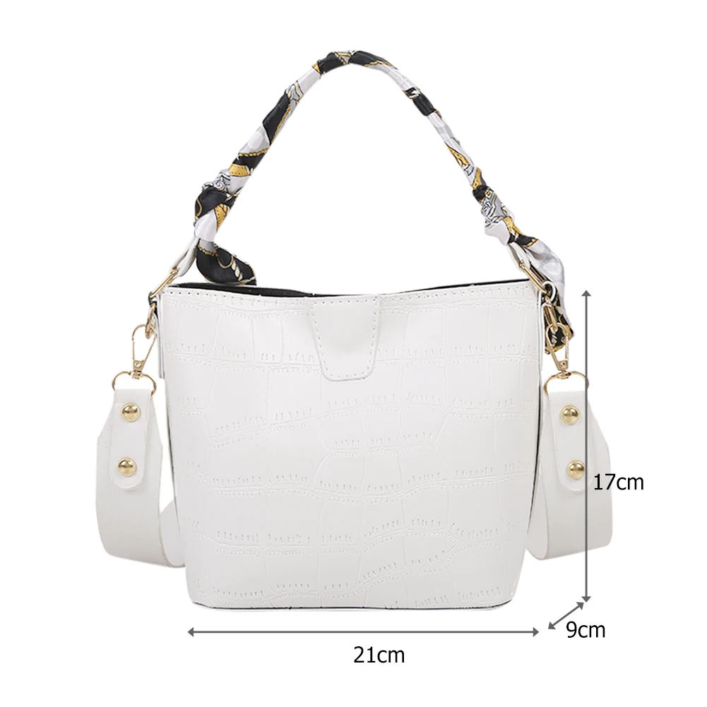 

Fashion Alligator Pattern Shoulder Bags Women PU Leather Simple Bucket Silk Scarf Crossbody Handbag Totes Female Solid Color Mes