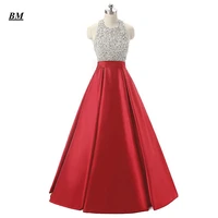 bm 2021 new cheap a line halter prom dresses beaded lace up long formal evening dress party gown vestidos robe de soiree