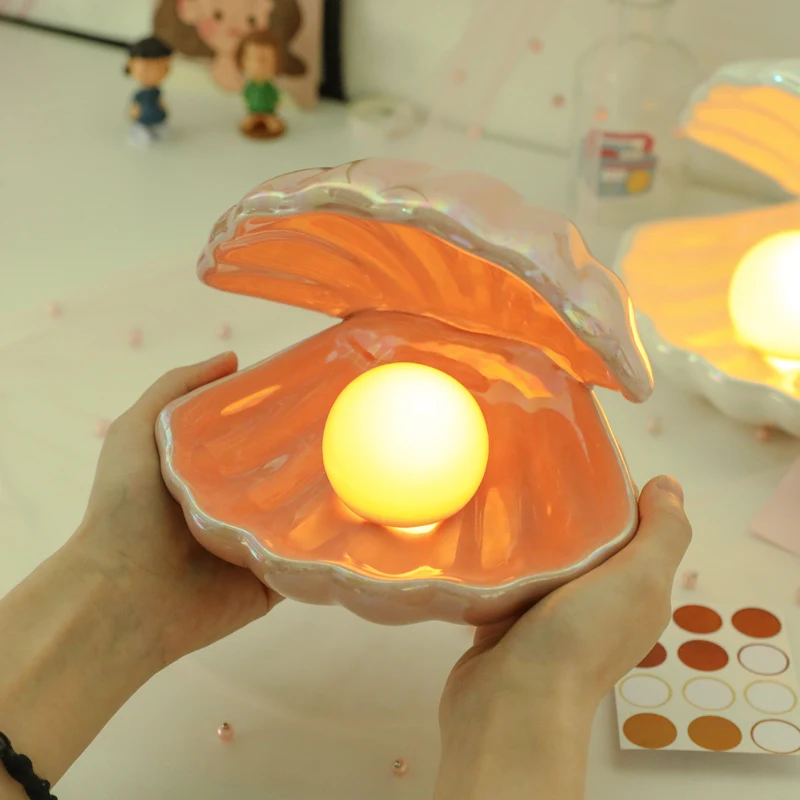 Ceramics Night Light Decoration Shell Shade European Style  Ins Style Home Decor Girls Gift Creative Art Desk lamp Jewelry box