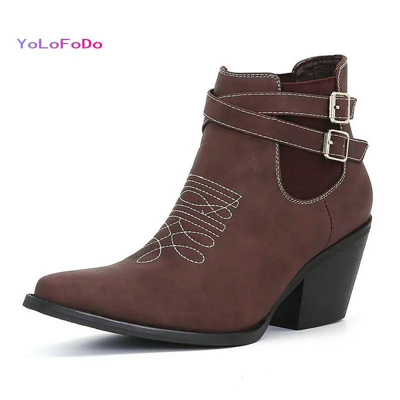 

2021 Autumn Winter Women Ankle Boots Microfiber Pointed Toe Square Heel Women Work Boots Buckle Elastic Band Women's Boots