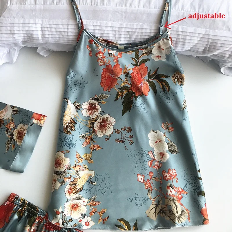 Spring 3 Pieces Pyjama Set 2020 Women Summer Sexy Silk Pajamas Sets Satin Sleep Suit Cute Home Clothes Sleepwear | Женская одежда