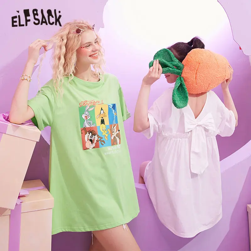 Женская футболка с принтом ELFSACK белая Повседневная бантом и открытой спиной в