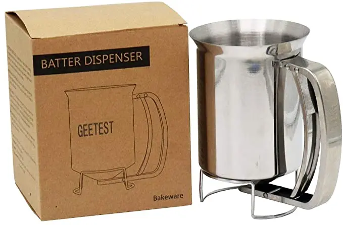 

Stainless Steel Pancake Batter Dispenser - Great for Baking Muffins-Cooking Crepes - Easy flow Spout -Measuring Gauge in cups