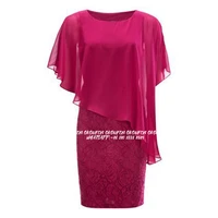 Short Mother Of The Bride Dresses with Capelet 2021 Asymmetrical Chiffon Lace Sheath Knee Length Wedding Party Gowns Hot Fuchsia