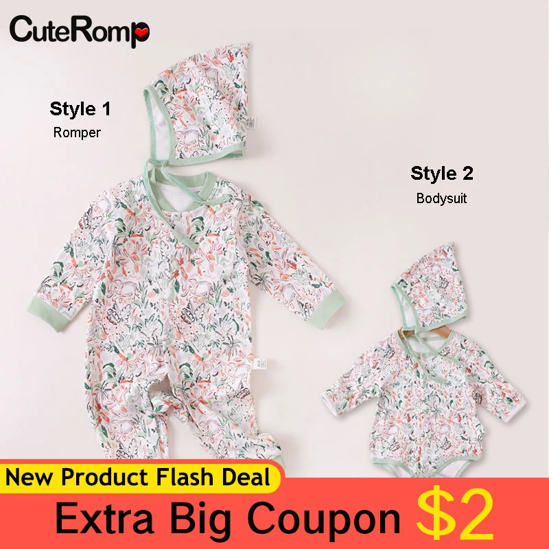 

Baby Clothes Set Floral Rompers + Lace Hat Boy Girl Clothes One Piece Outfit Cotton kids Costume Spring Wear Infant Clothing