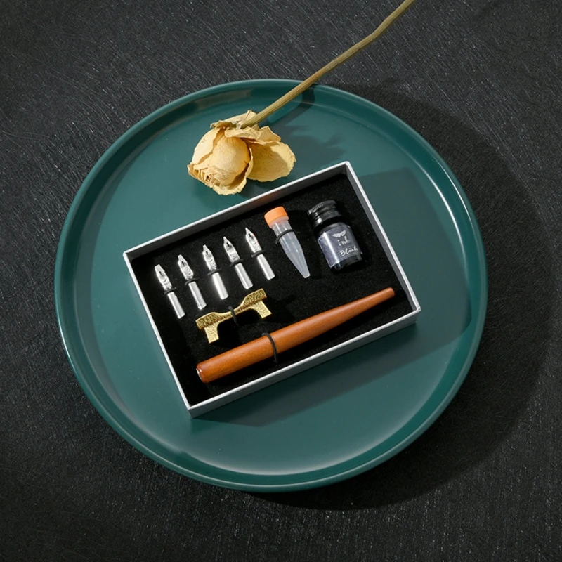

1 Set Calligraphy Fountain Dip Pen with 5 Nibs Ink Kit Gift Box for Lettering Sketching Drawing Stationery