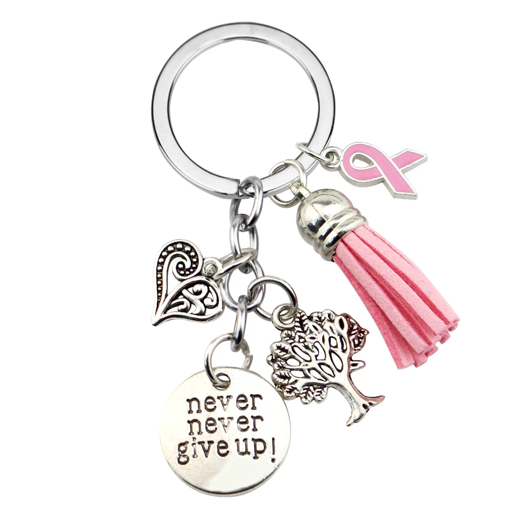 

New Arrival Breast Cancer Awareness Pink Ribbon Tassel Keychains Keyring heart life tree never give up charms key chain Jewelry