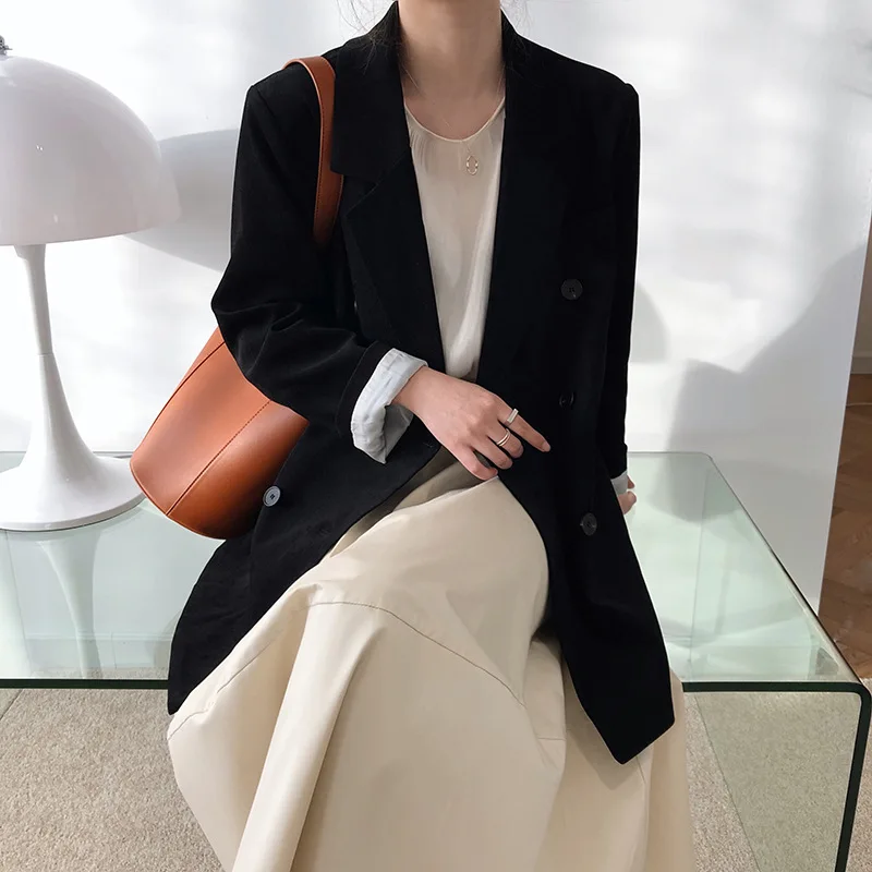 

TVVOVVIN Women Casual Blazer 2021 Spring New Korean Simple Double Breasted All-match Loose Straight Coat C8OU