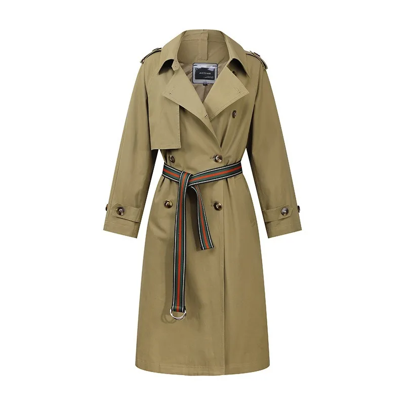 

Trendy Waistband Windbreaker Autumn Women's Long Coat Jacket Fashion British Style Solid Color Double-breasted Knee-Length Women