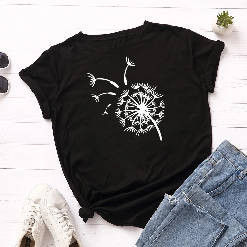 

Plus Size S-5XL T-Shirt Wildflower Dandelion Print Women Tshirt Short Sleeve Cotton Summer Tee Ladies Tops Harajuku Girl Shirts