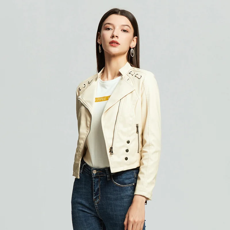 Женская короткая куртка из искусственной кожи облегающая мотоциклетная мягкой