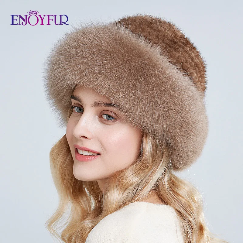 ENJOYFUR шапки из натурального меха, зимние шапки для женщин, шапка из натурального меха норки с мехом лисы, новые русские вязаные шапки - Цвет: 14
