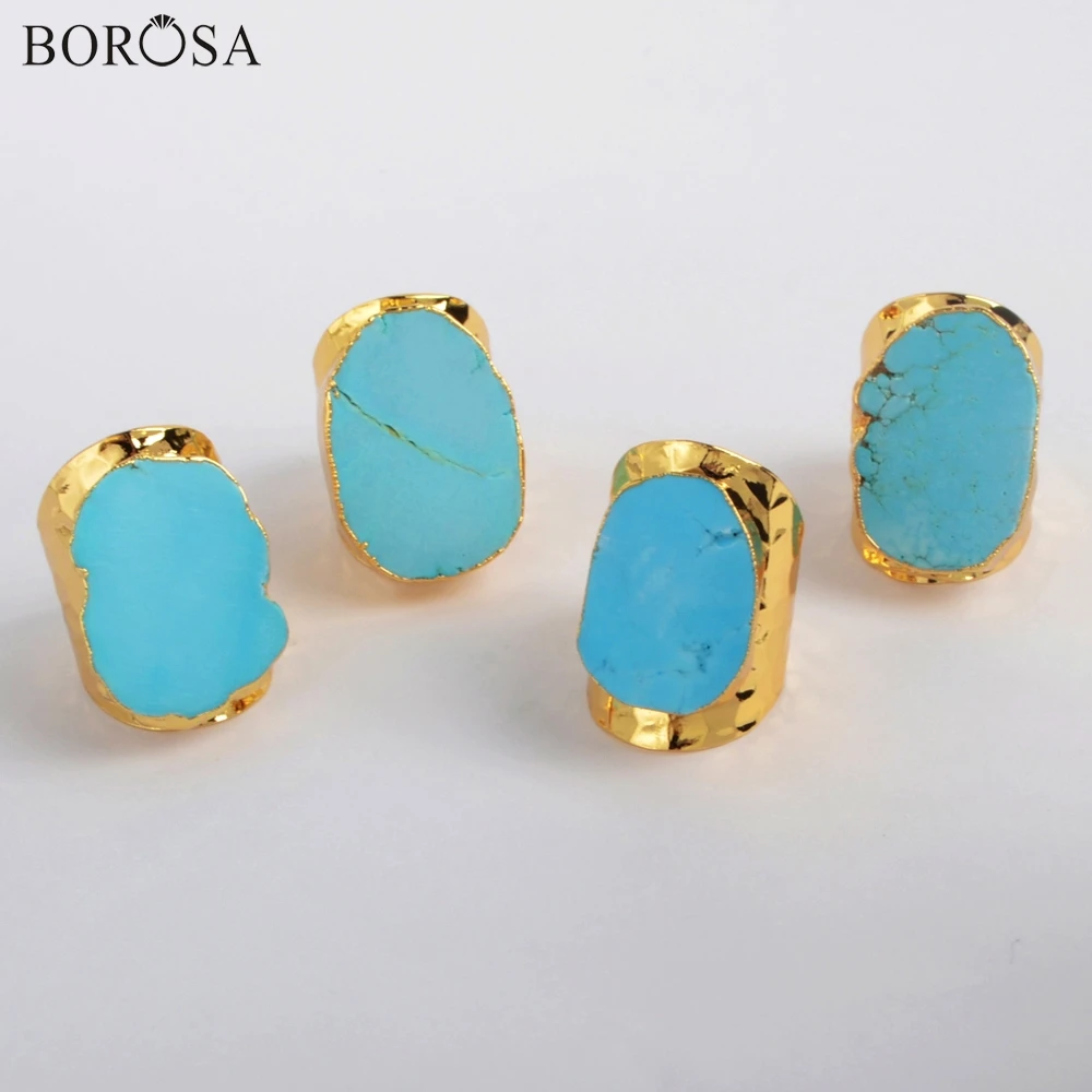 

BOROSA 5 шт. новое поступление Золотое покрытие синий Howlite Банг кольцо произвольной формы Бирюзовые Кольца Драгоценные Камни кольцо с полудраг...