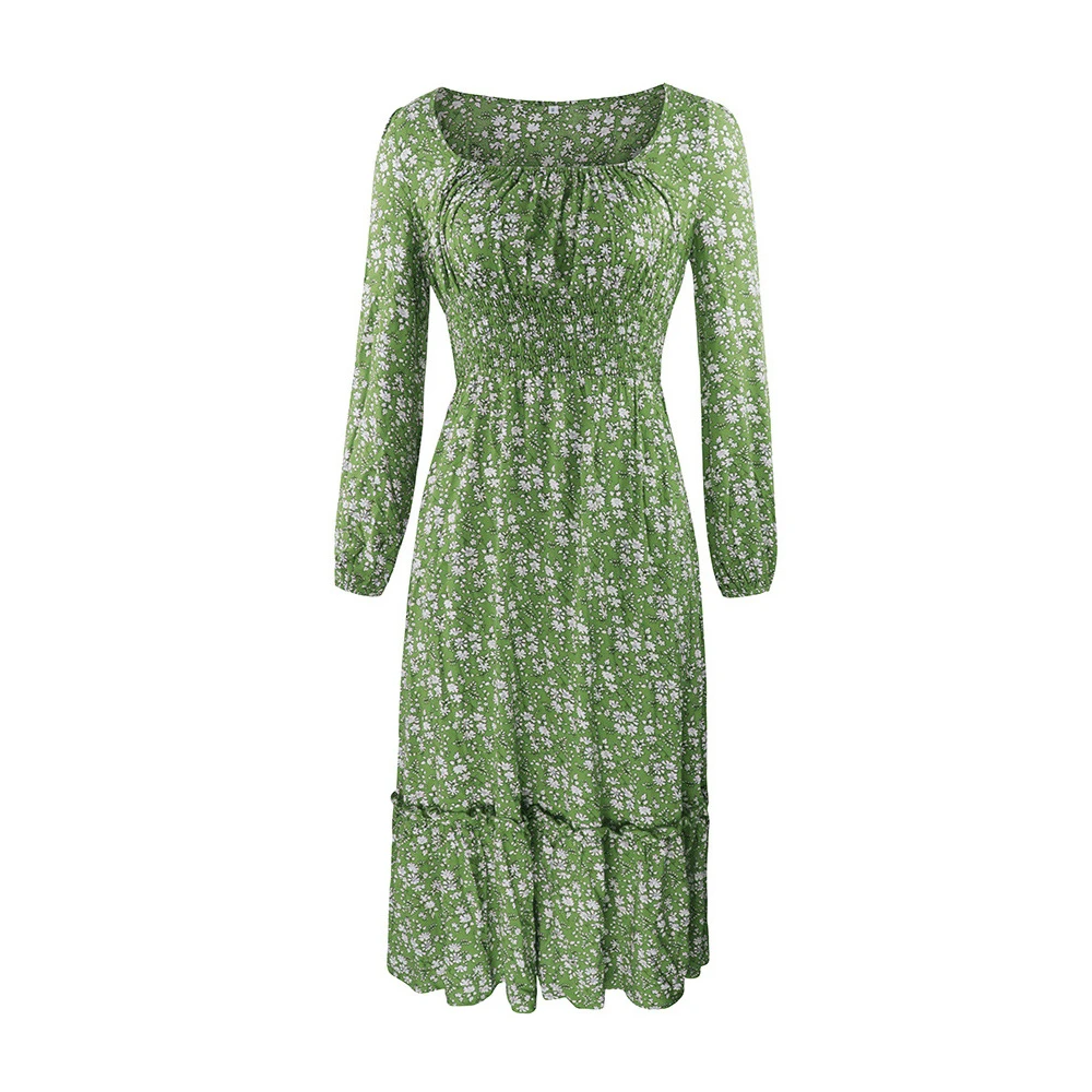 

Autumn Winter Vintage Square Collar Dresses For Women Floral Print A-line Elegant Long Dress Lady Evening Party Dress Femme Robe