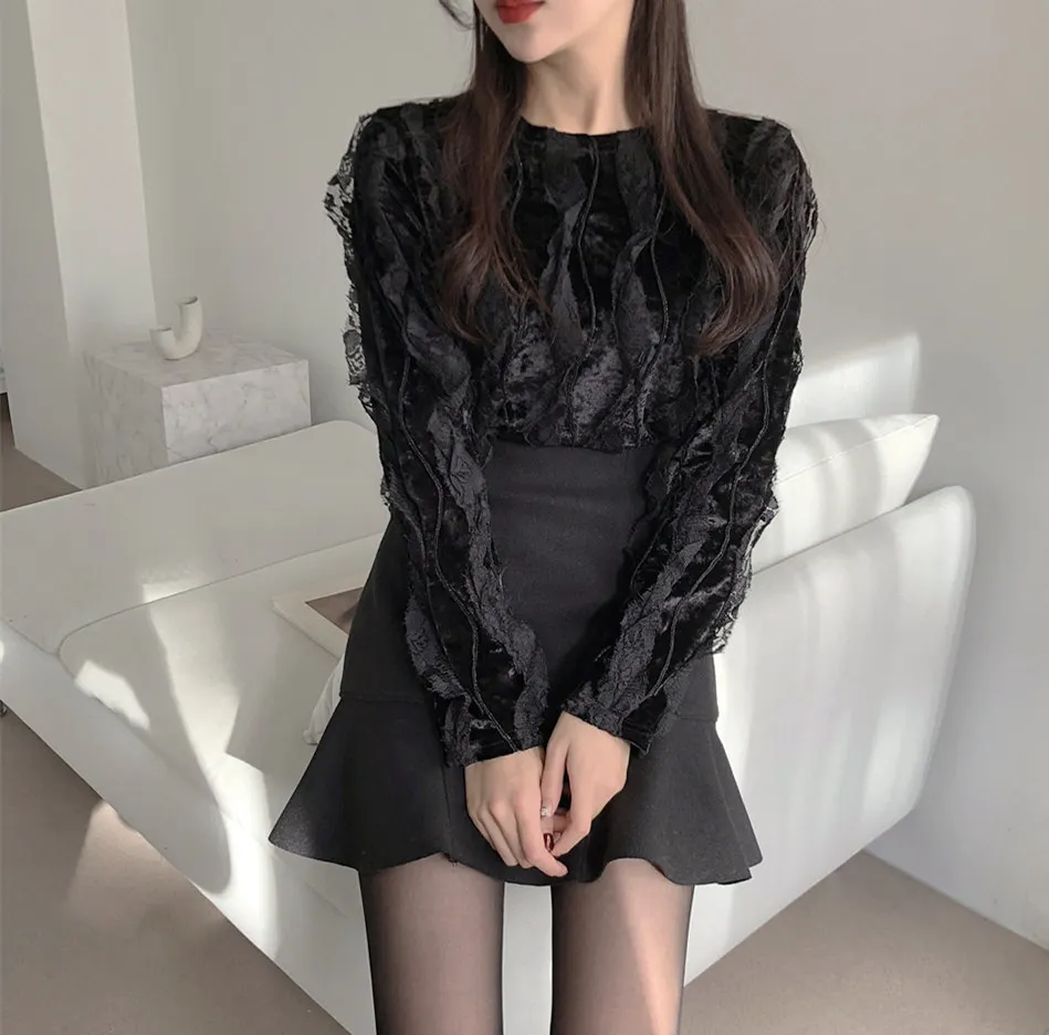 S-Xl New Girls Spring Fall Blouse Womens Shirt Long Sleeves Tops Bud Silk Lace Embroidery Skirts High Waist Two Piece Set Women