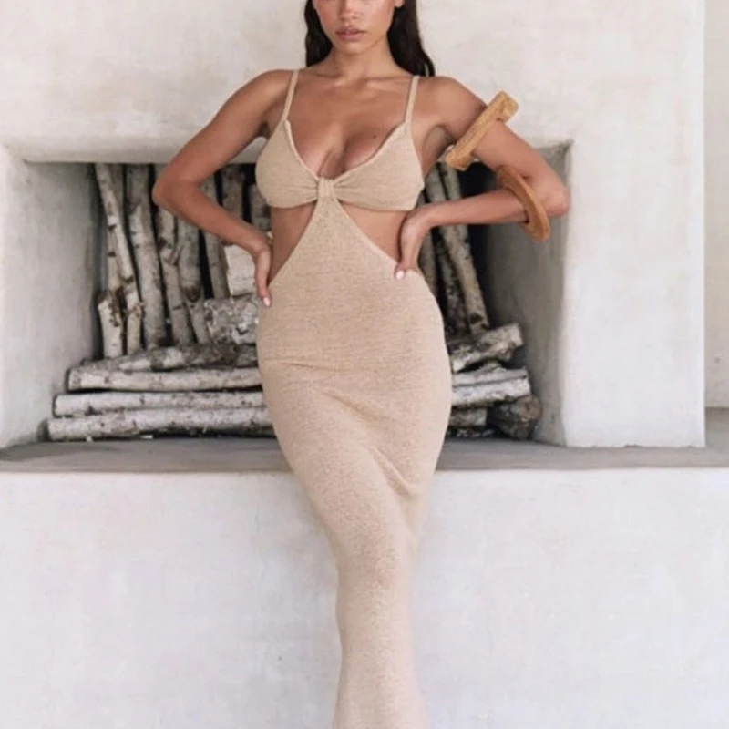

Sexy Bare Back Low Cut Dress Irregular Bandage Bodycon Maxi Dress Party Night Sukienka Skin Tight Spaghetti Strap Dress Hollow