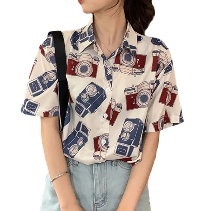 

Lady Short Sleeve Loose Shirt Summer Fashion Camera Pattern Print Office Ladies Casual Lapel Tops