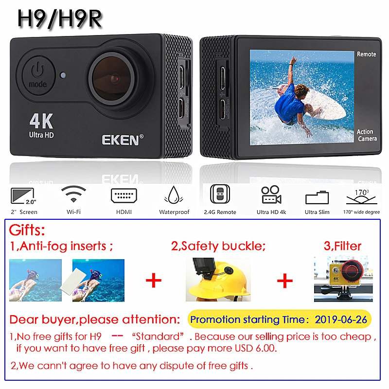 Оригинальная Экшн-камера eken H9/H9R Ultra HD 4 K/30fps, WiFi, 2,0 дюйма, 170D, водонепроницаемая, для подводной съемки, на шлем, Vedio go Sport pro Came
