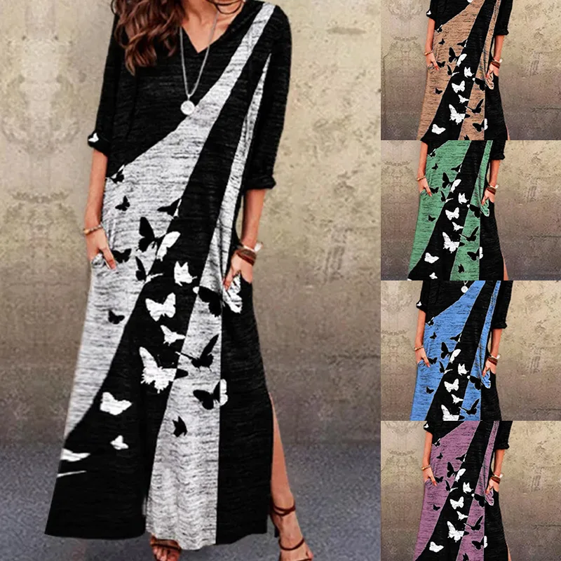 

Women Clothing Summer 2021 Cotton Office Lady A-LINE V-Neck Print Half Sleeve Dress for Women Fashion Casual Party Dresses