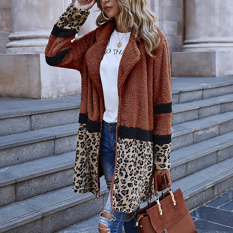 

Vintage Plush Autumn Winter Women Jacket Open Stitch Turn-Down Collar Patchwork Leopard Print Warm Long Coats W245