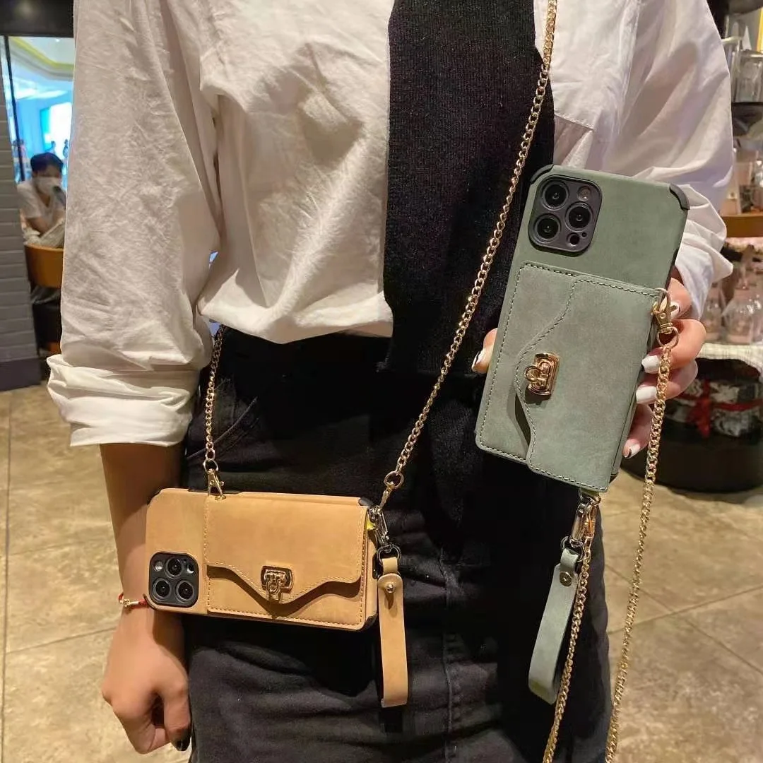 

leather Matte Credit Card Phone Case Wallet Crossbody Long Chain For Huawei P40 Lite P20 P30 Pro Mate 30 20 Cover with Strap