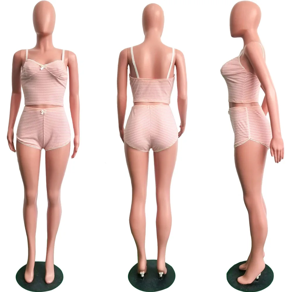 

Women Leisure Wear 2 Piece Set Summer V Neck Sleeveless Tank Top And Pink Striped Short Pants Lady Casual Outfits S3530