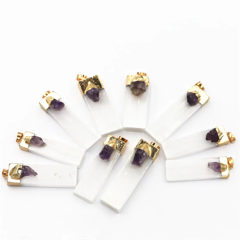 

Natural Gold Selenite Plaster Gypsum Amethysts Pendants Rock Mineral Specimen Jewelry Reiki Healing Energy Charms DIY10PCS G1116