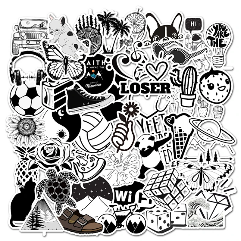 

50Pcs Black And White Stickers Skateboard Laptop Luggage Guitar Bike Car Bomb Decal DIY Classic Toys For Baby Kids