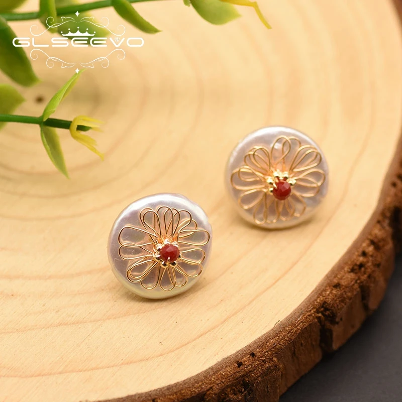 GLSEEVO натуральный пресноводный барокко круглый белый жемчуг серьги со шпилькой