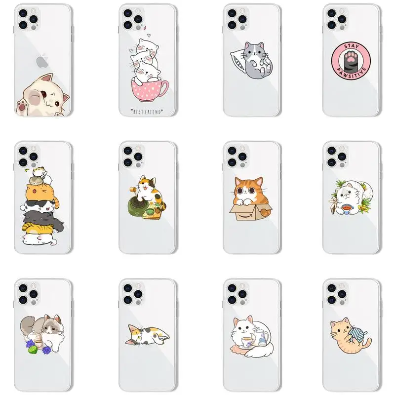 

Cute cartoon Cat Phone Case For iPhone 13 12 11 8 7 Pro Max Plus X XS XR MINI transparent clear New