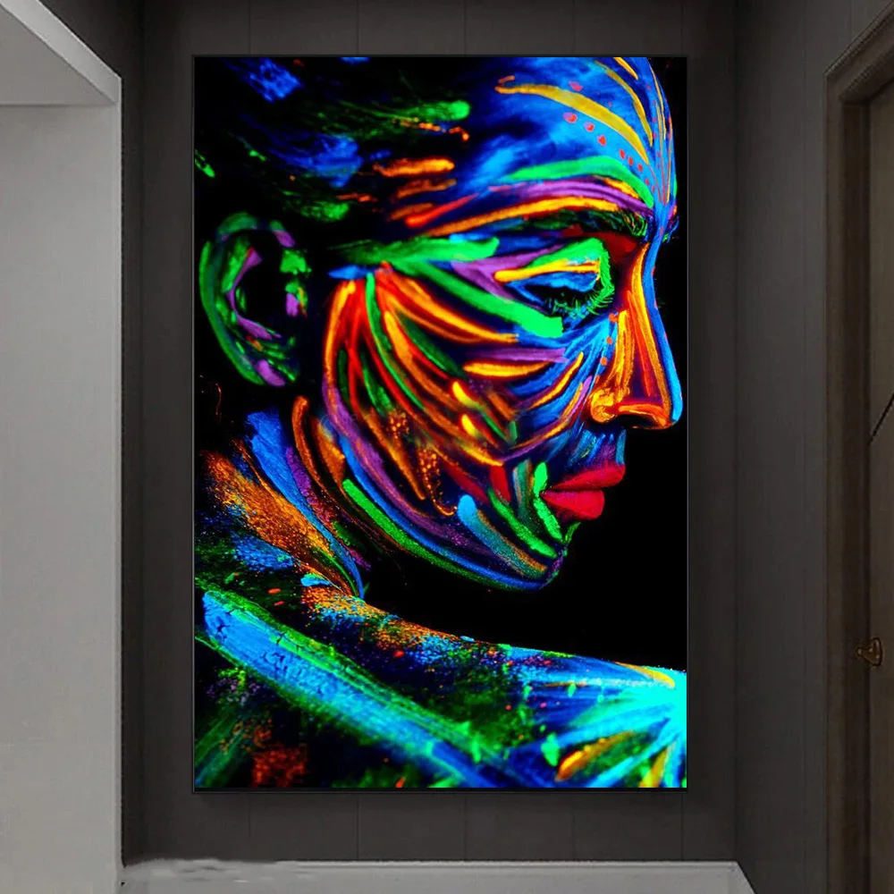 

Abstract Close Up Uv Portrait With Neon Canvas Wall Art Painting Posters and Prints Pictures for Living Room Bedroom Wall Decor