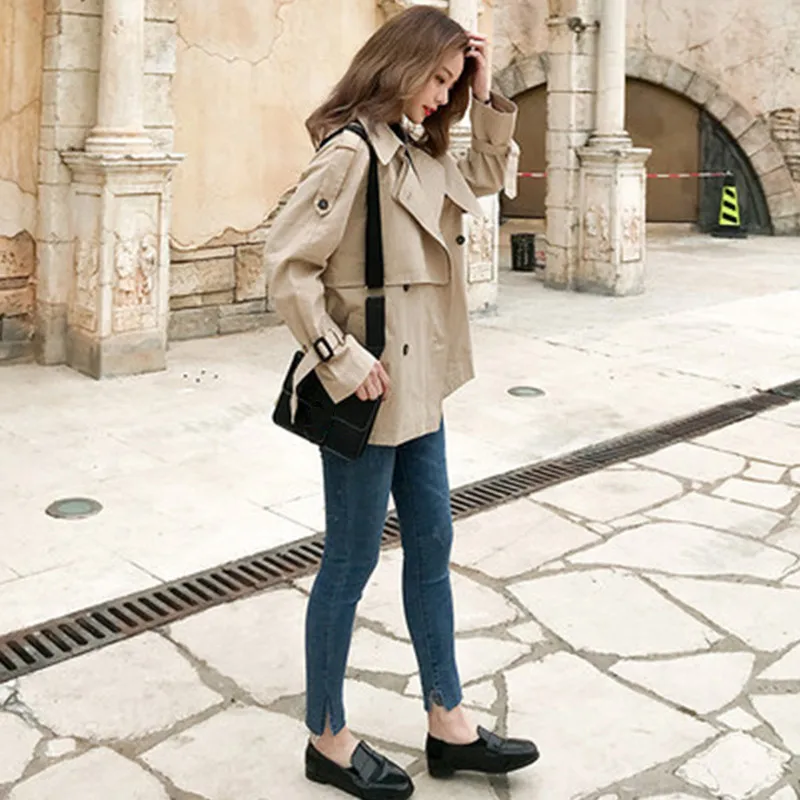 Размера плюс Для женщин Повседневное хаки короткие Тренч модная двубортная