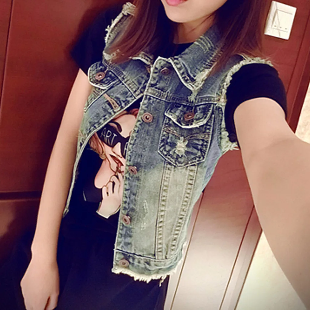 Короткая джинсовая куртка для женщин модная без рукавов большого размера на