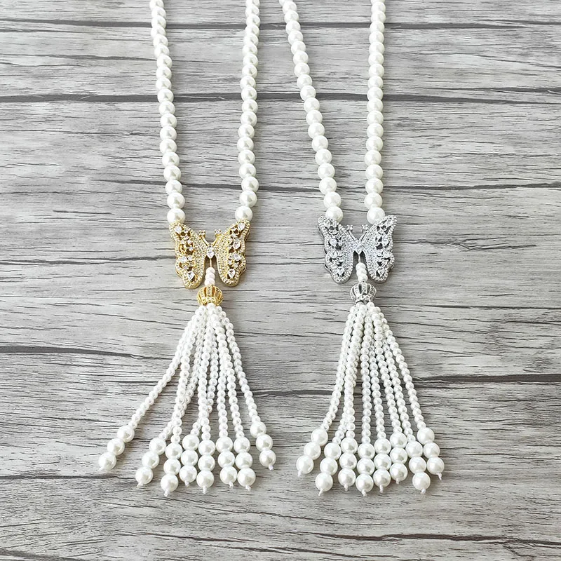 

1Pcs Butterfly tassels charm Pendant zircon CZ Micro pave, Shell Pearl Beads Chain Women Fashion Jewelry Necklace N522