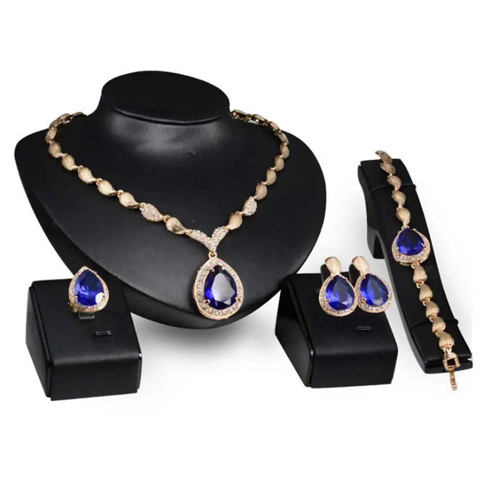 

Water Drop Rhinestone Pendant Necklace Bracelet Earrings Ring Bridal Jewelry Set