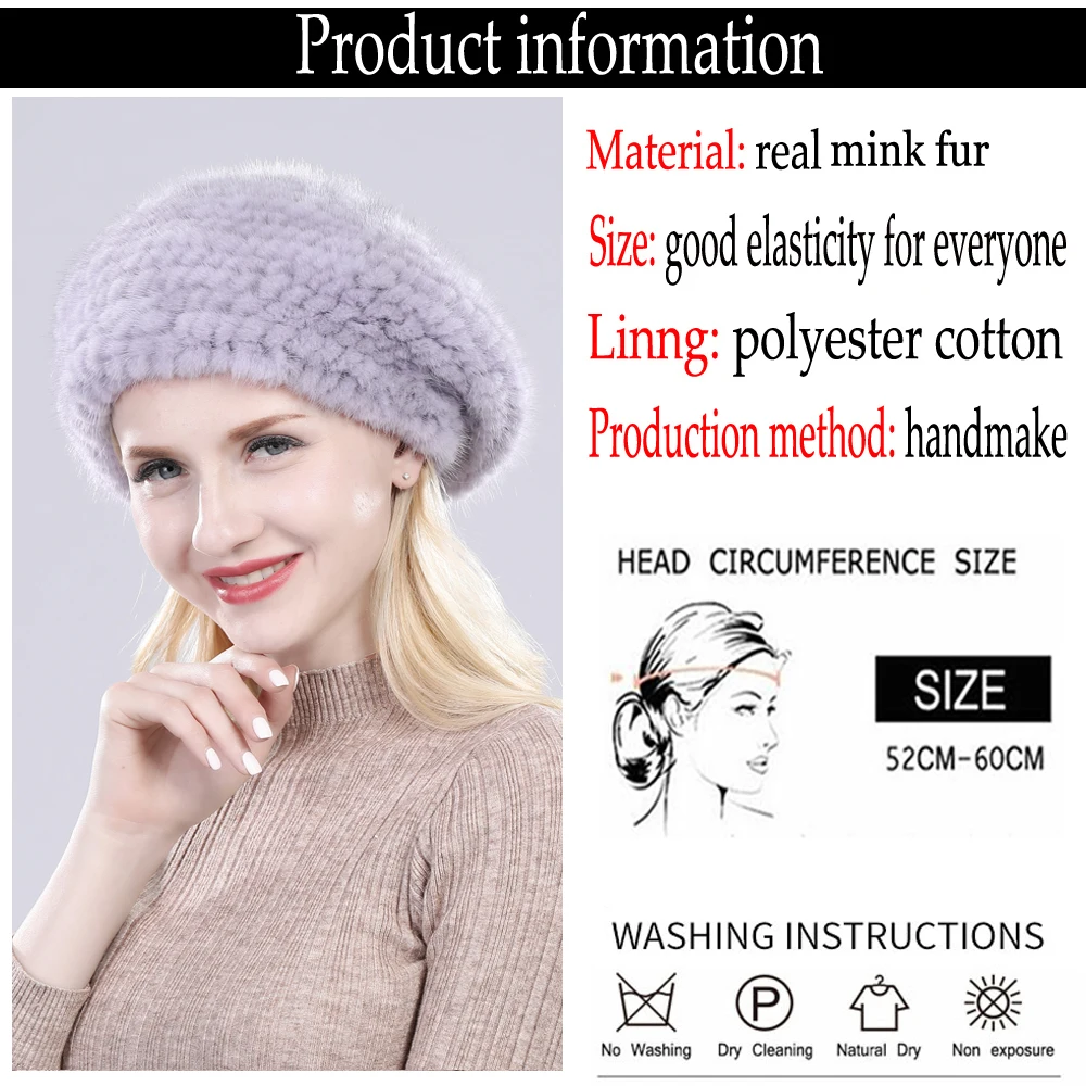 Hot Sale Russia Women Winter Real Mink Fur Berets Hat Hand Knitted Real Natural Mink Fur Cap Lady Luxury Real Mink Fur Hats